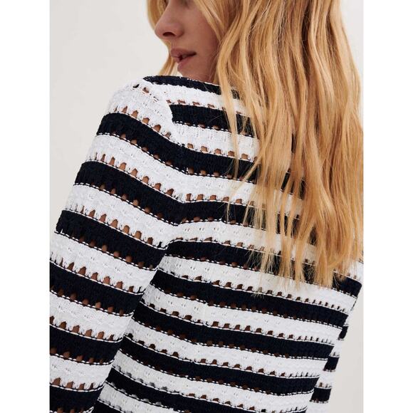 Maje Striped Crochet-Effect Cardigan Navy Ecru - Picture 6 of 16